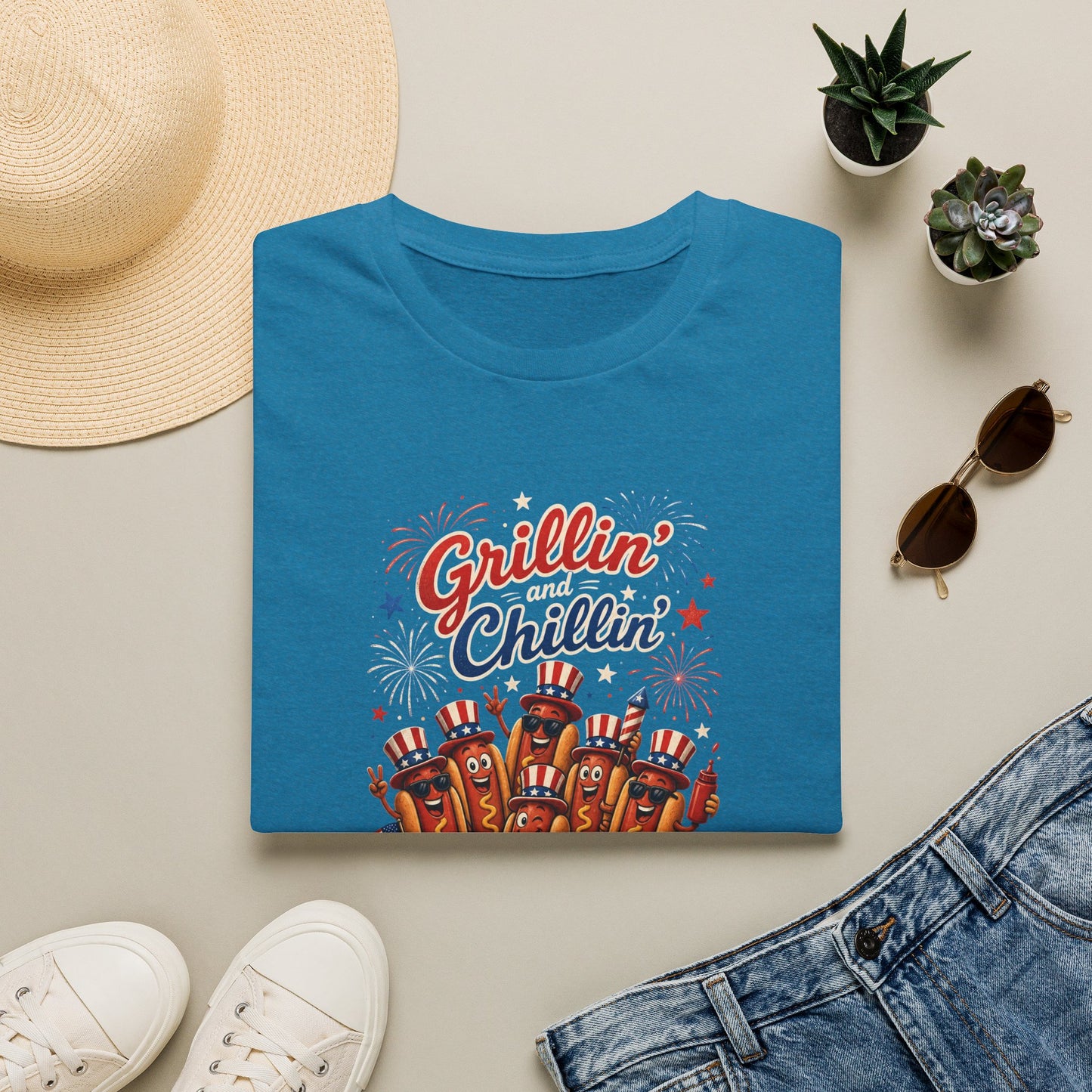 4th of July "Grillin' and Chillin'" T-Shirt – Funny Hotdog Patriotic Tee