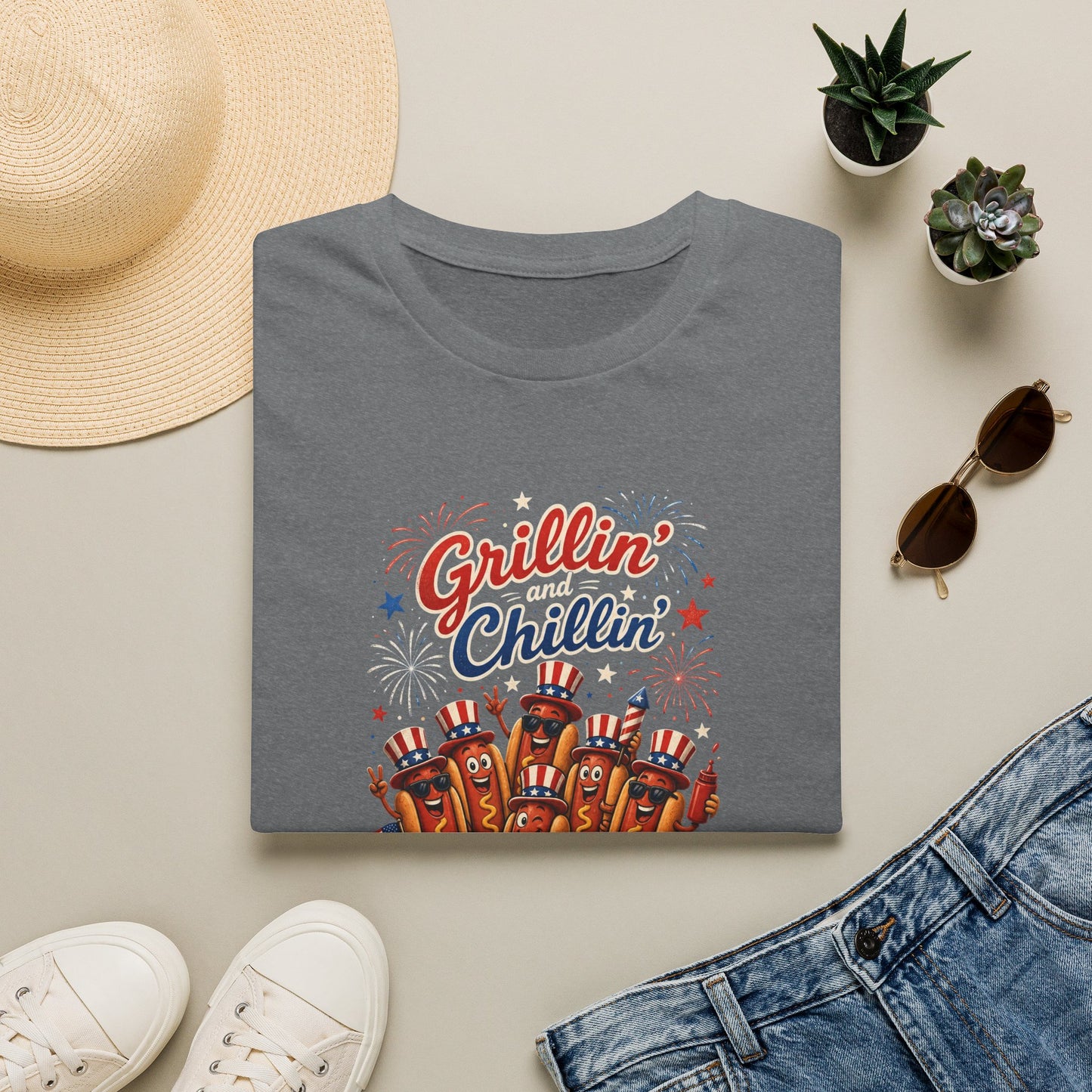 4th of July "Grillin' and Chillin'" T-Shirt – Funny Hotdog Patriotic Tee
