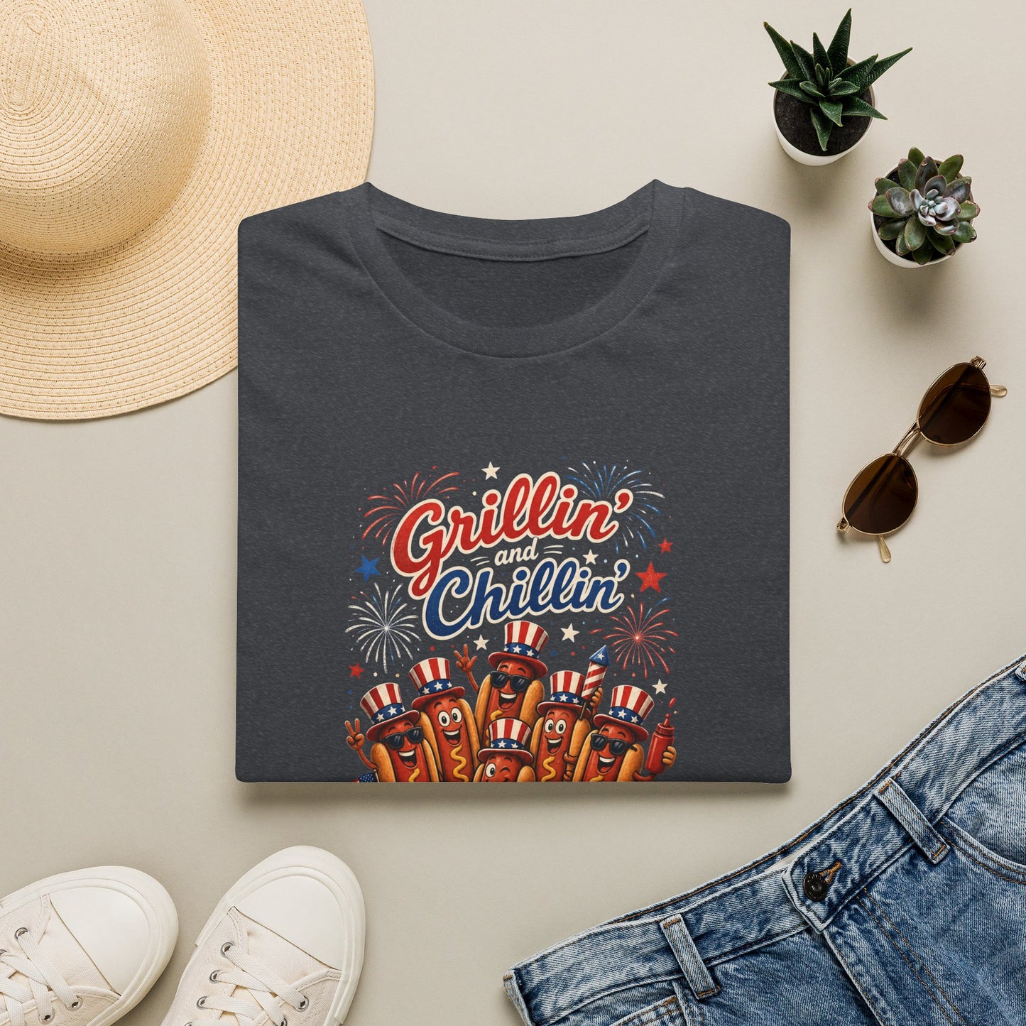 4th of July "Grillin' and Chillin'" T-Shirt – Funny Hotdog Patriotic Tee