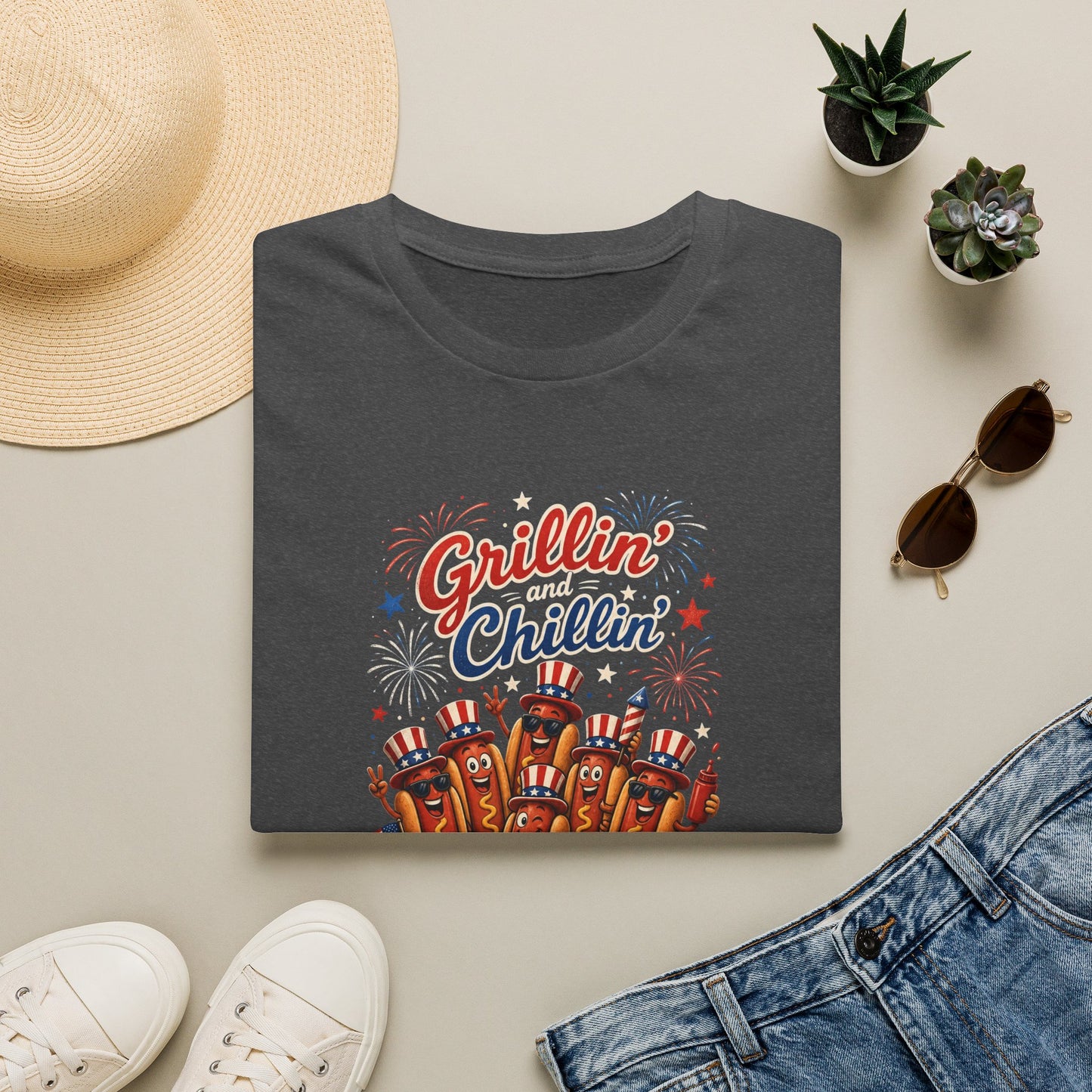 4th of July "Grillin' and Chillin'" T-Shirt – Funny Hotdog Patriotic Tee
