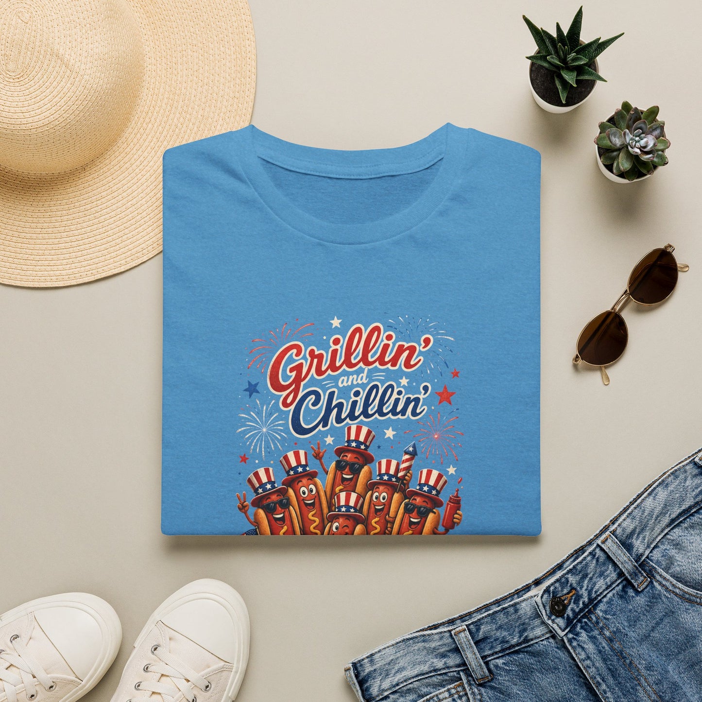 4th of July "Grillin' and Chillin'" T-Shirt – Funny Hotdog Patriotic Tee
