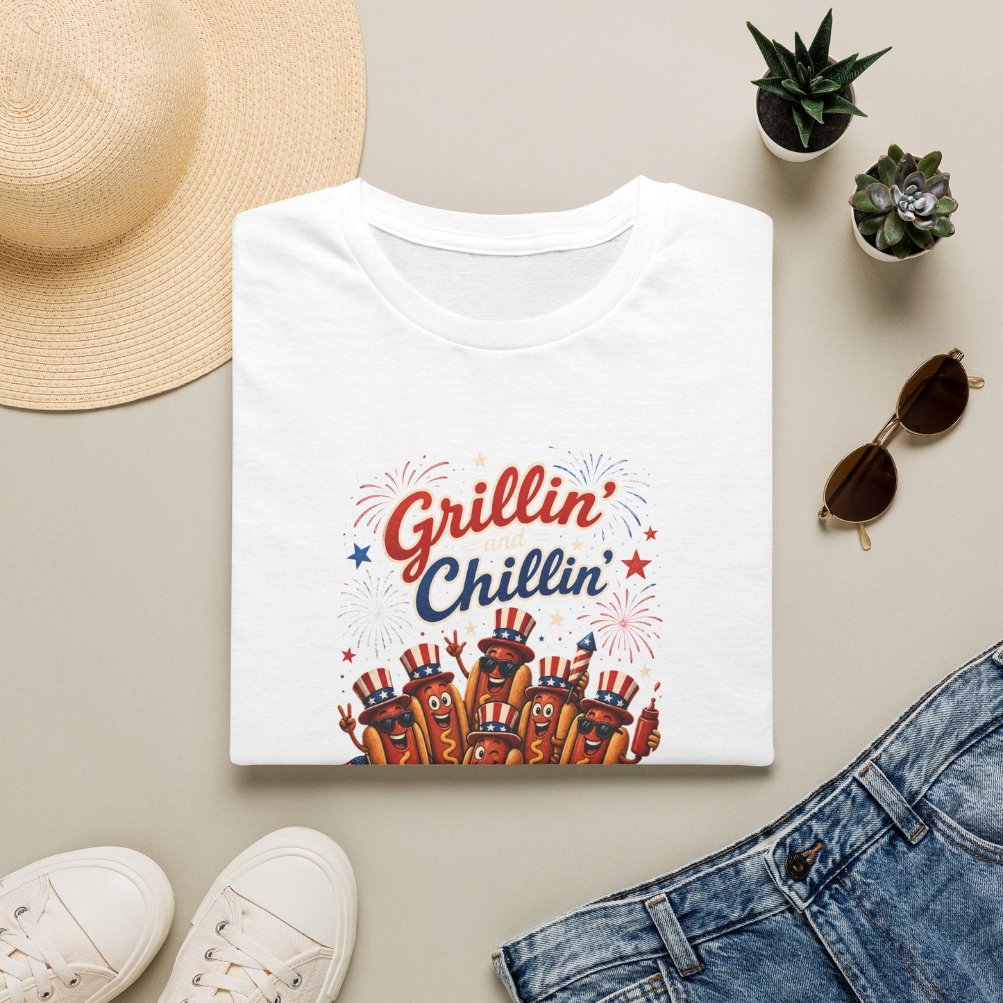 4th of July "Grillin' and Chillin'" T-Shirt – Funny Hotdog Patriotic Tee