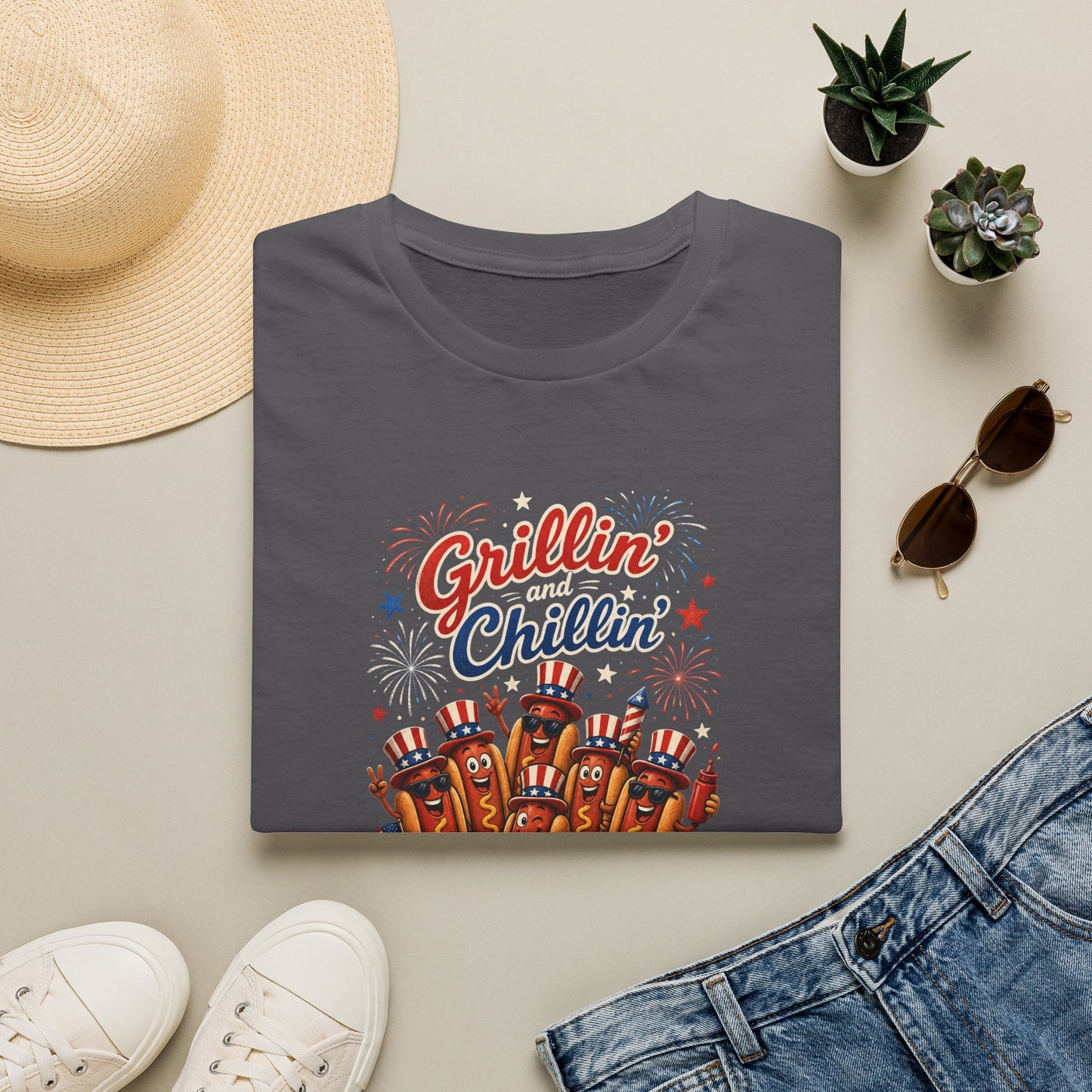 4th of July "Grillin' and Chillin'" T-Shirt – Funny Hotdog Patriotic Tee