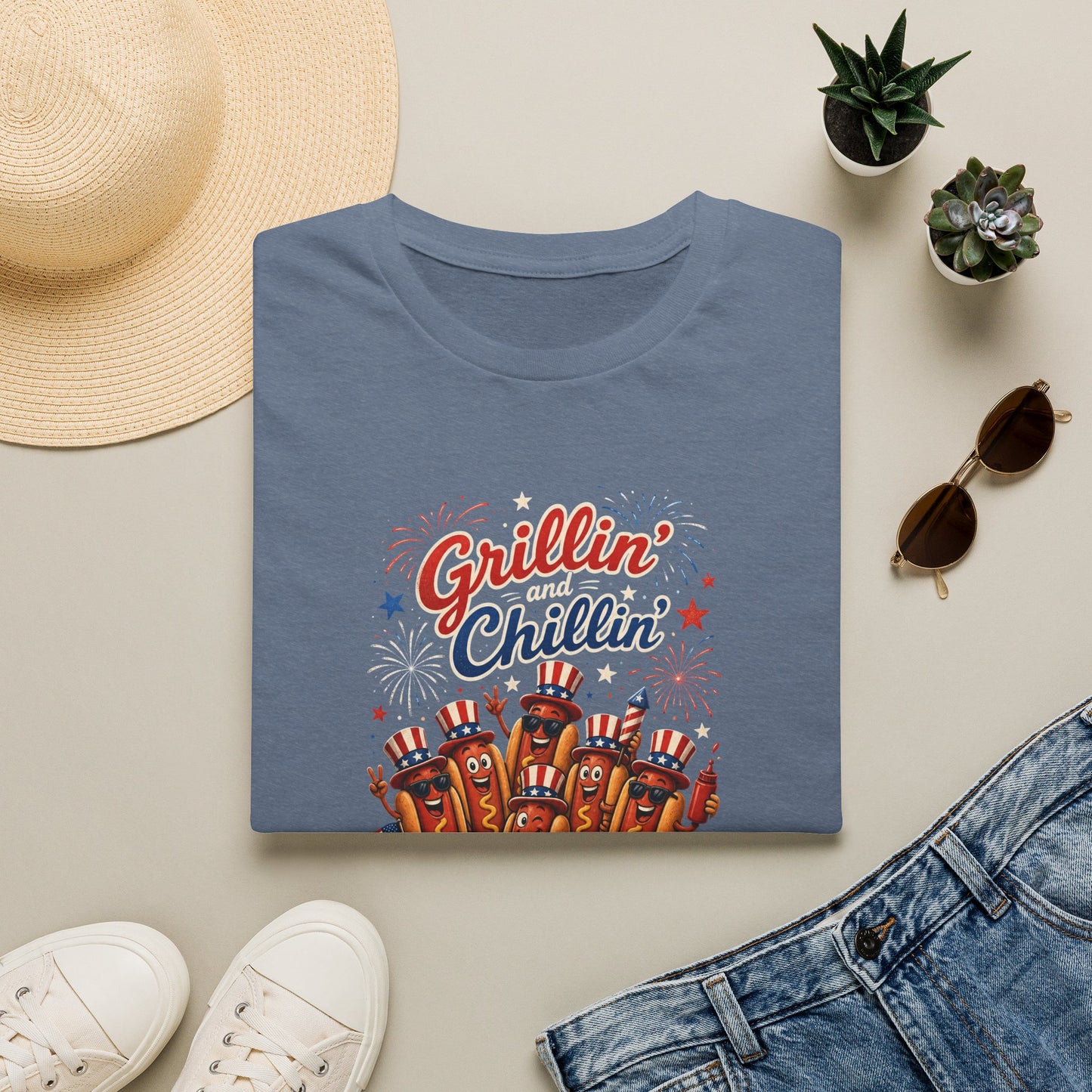 4th of July "Grillin' and Chillin'" T-Shirt – Funny Hotdog Patriotic Tee