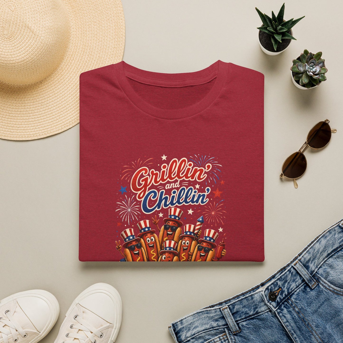 4th of July "Grillin' and Chillin'" T-Shirt – Funny Hotdog Patriotic Tee